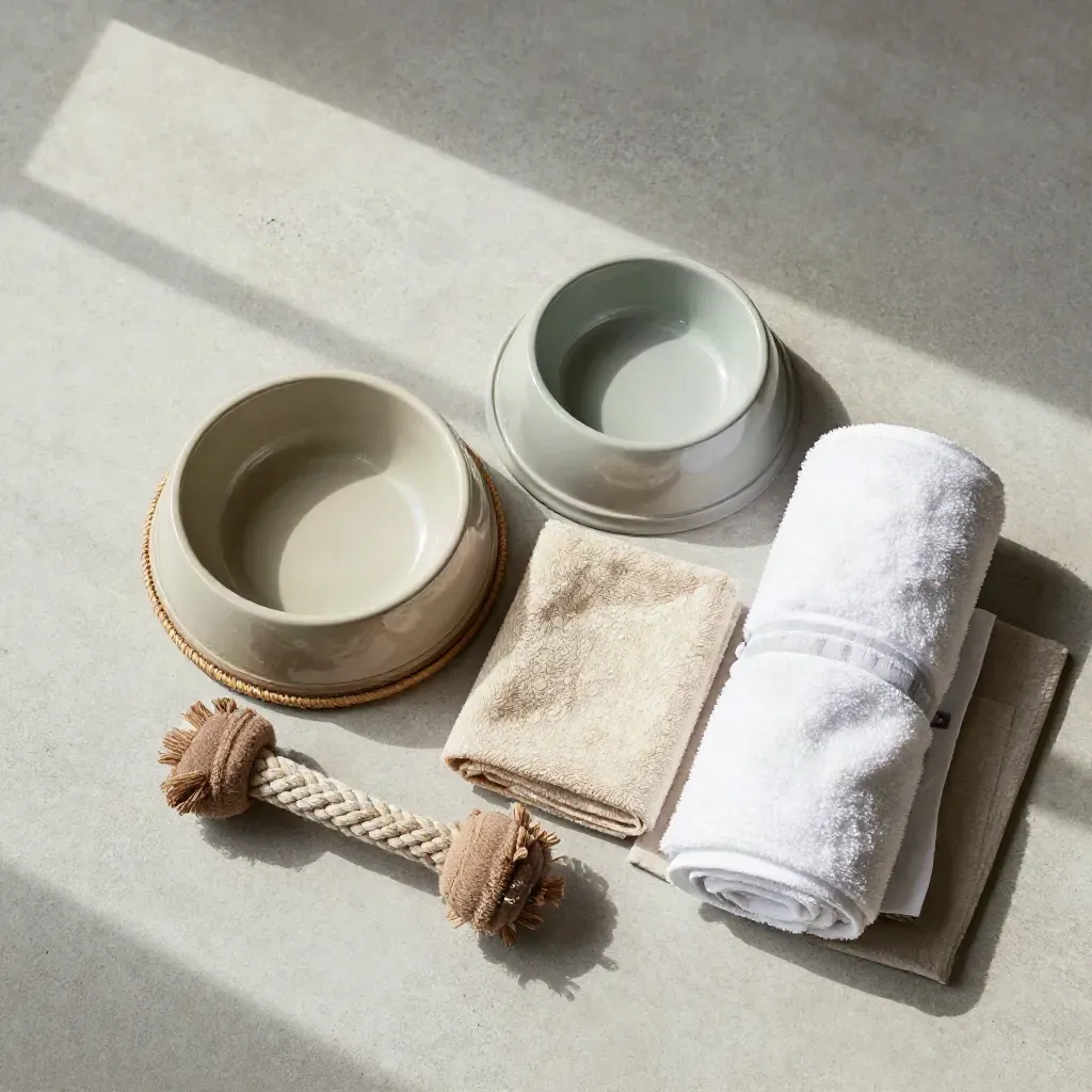 Top-down dog-friendly room welcome kit with bowl, blanket, rope toy, towel and water dish on concrete.