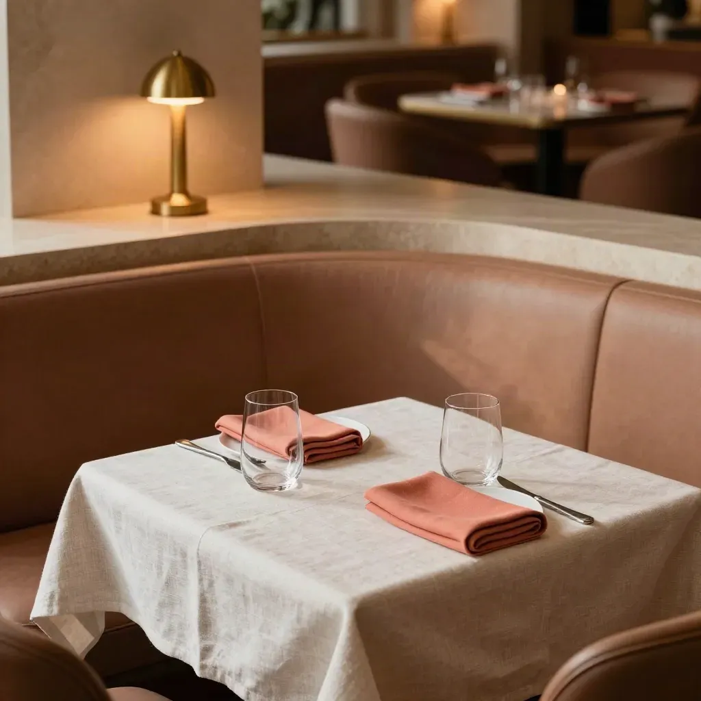 Elegant private dining booth set for service with glasses, lamp, linen runner and folded napkin.