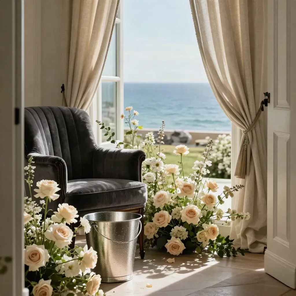 Champagne bucket, velvet chair, flowers and drapery by a coastal window in a wedding suite