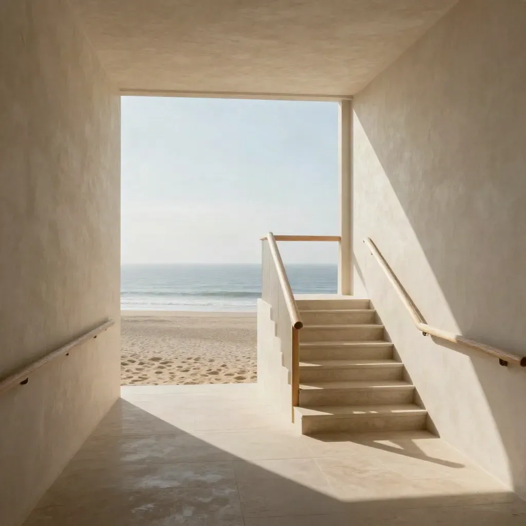 Sunlit coastal stair landing and corridor opening to the sea, calm and airy.